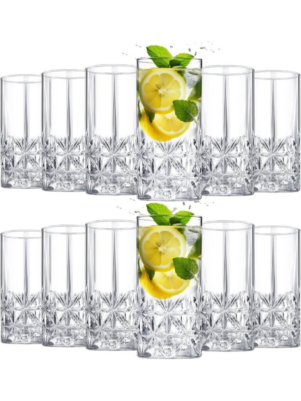 Set of 12 Stylish Tall Highball Crystal Glasses - 12 oz Elegant Drinkware Set
